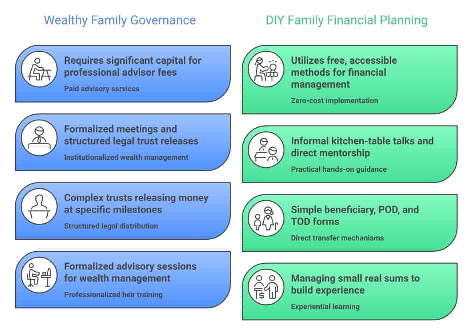 Two-column comparison: what wealthy families pay advisors to do versus the free version of each step available to any family
