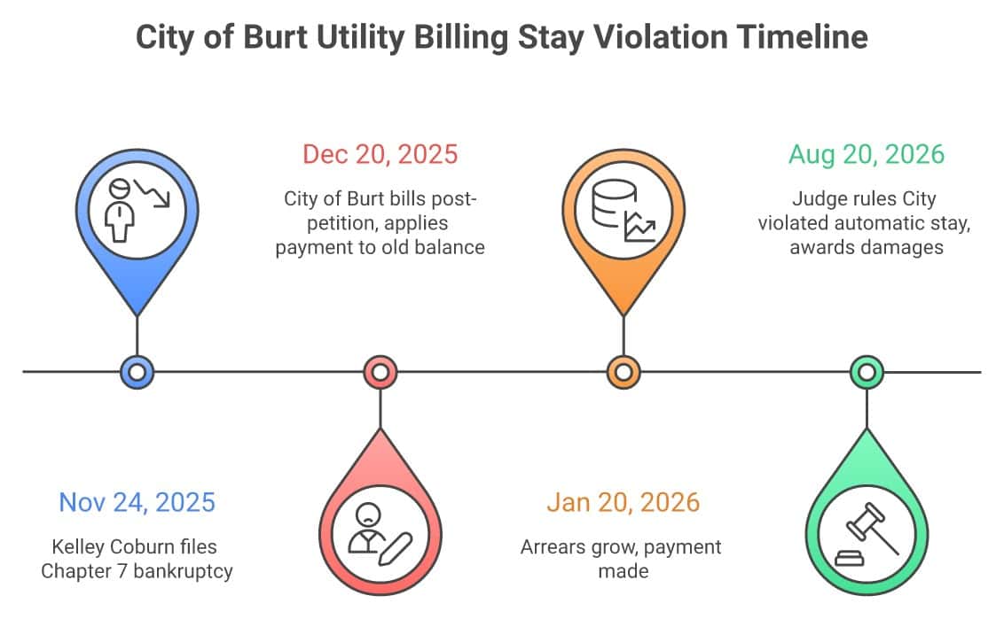 Timeline of the City of Burt utility billing stay violation, from Kelley Coburn's November 2025 bankruptcy filing through the August 2026 court ruling awarding $1,500 in damages