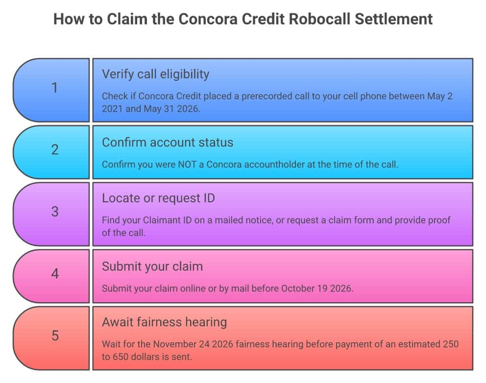 Five steps to claim the Concora Credit robocall settlement: verify call eligibility, confirm you were not an accountholder, locate or request your Claimant ID, submit your claim by October 19 2026, and await the November 24 2026 fairness hearing before payment