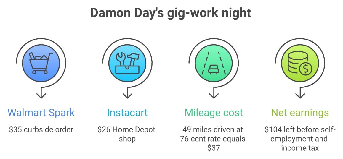 Infographic: Damon Day's gig-work night. Walmart Spark $35 curbside order. Instacart $26 Home Depot shop. Mileage cost: 49 miles driven at 76-cent IRS rate equals $37. Net earnings: $104 left before self-employment and income tax.