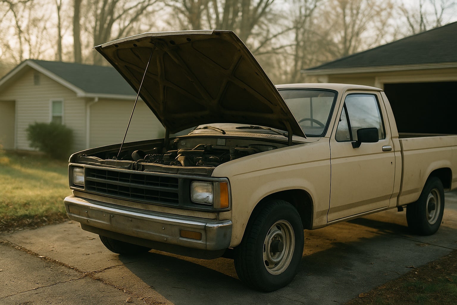 An older pickup truck with its hood raised in a driveway, engine visibly not running