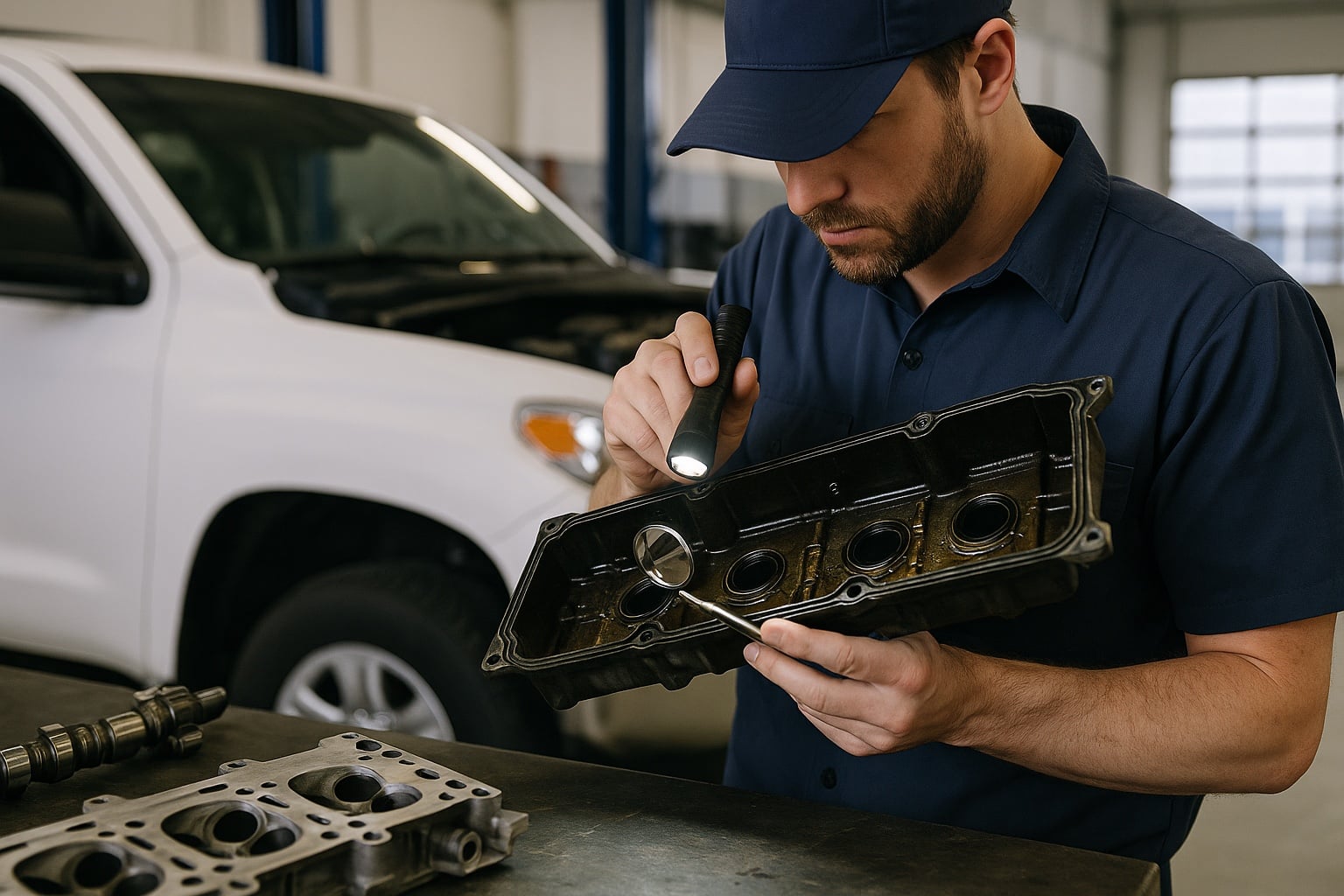 Mechanic inspecting an engine valve component in a repair shop, illustrating the FCA valve train warranty settlement