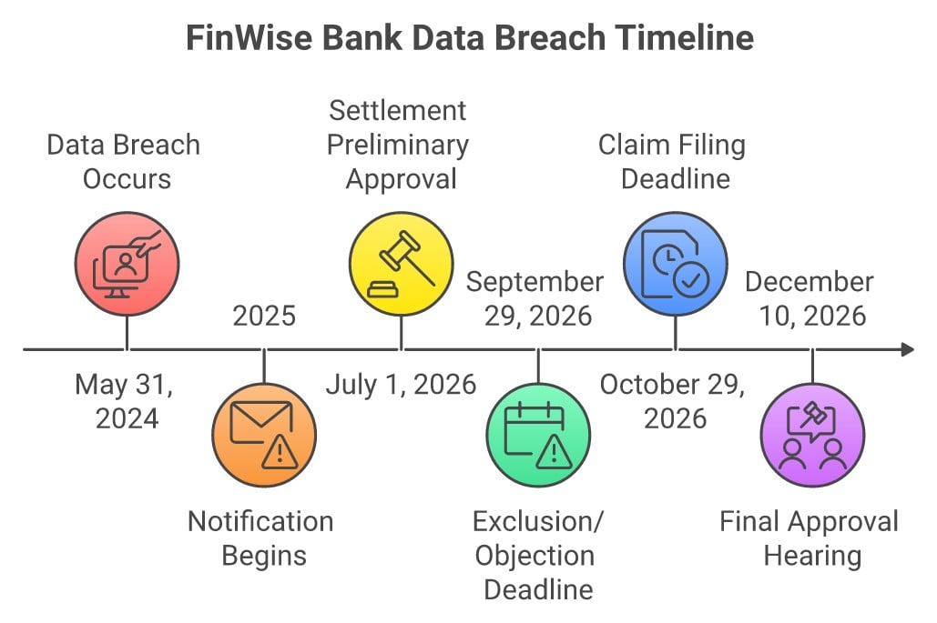 Timeline of the FinWise Bank data breach from the May 2024 incident through the October 2026 claim deadline and December 2026 final approval hearing