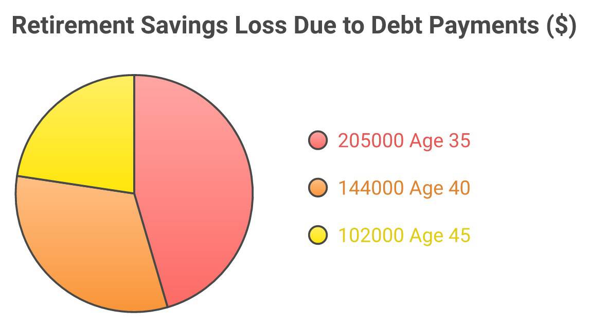 Retirement savings loss from diverting $600 per month to debt payments for 4 years, by starting age