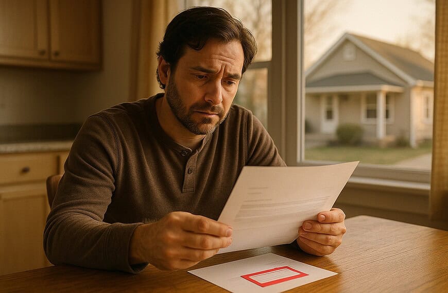 Man reviewing financial document at home for debt relief advice.