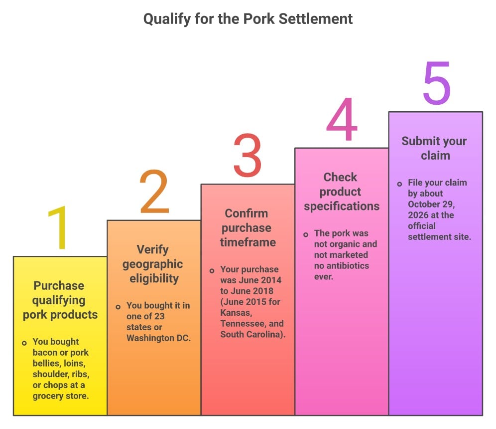 Five-step infographic showing how to qualify for the pork price-fixing settlement: purchase pork, verify location, confirm date range, check product type, file claim
