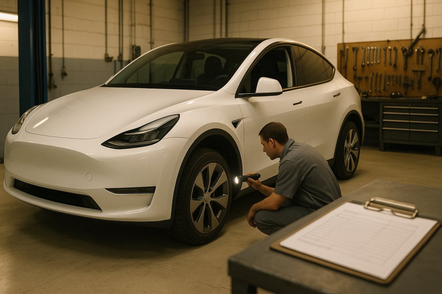 White Tesla Model Y in a service bay with a mechanic inspecting the front suspension
