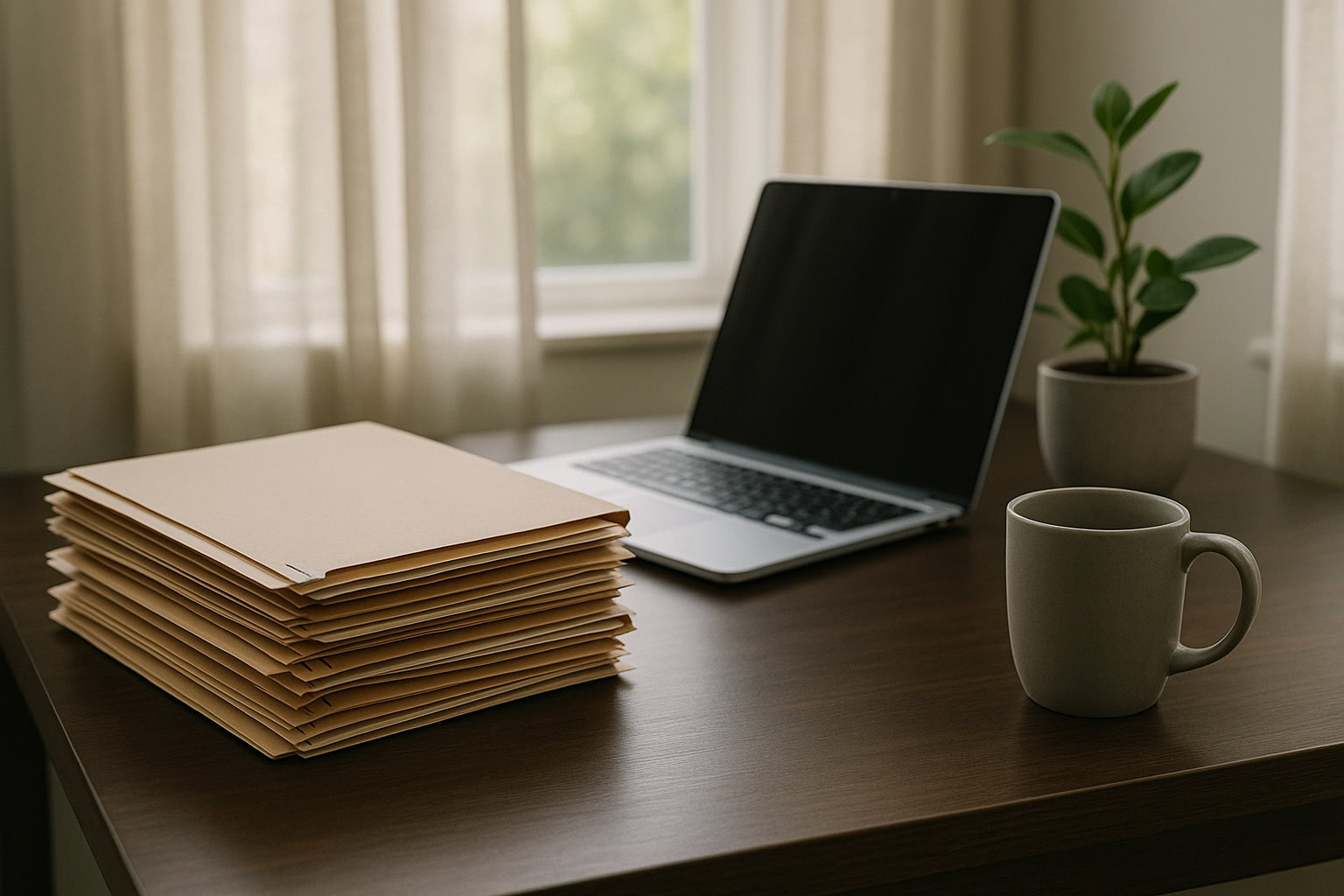Photorealistic image of neatly organized bankruptcy court document folders on a desk beside a laptop, representing the calm reality of a bankruptcy audit