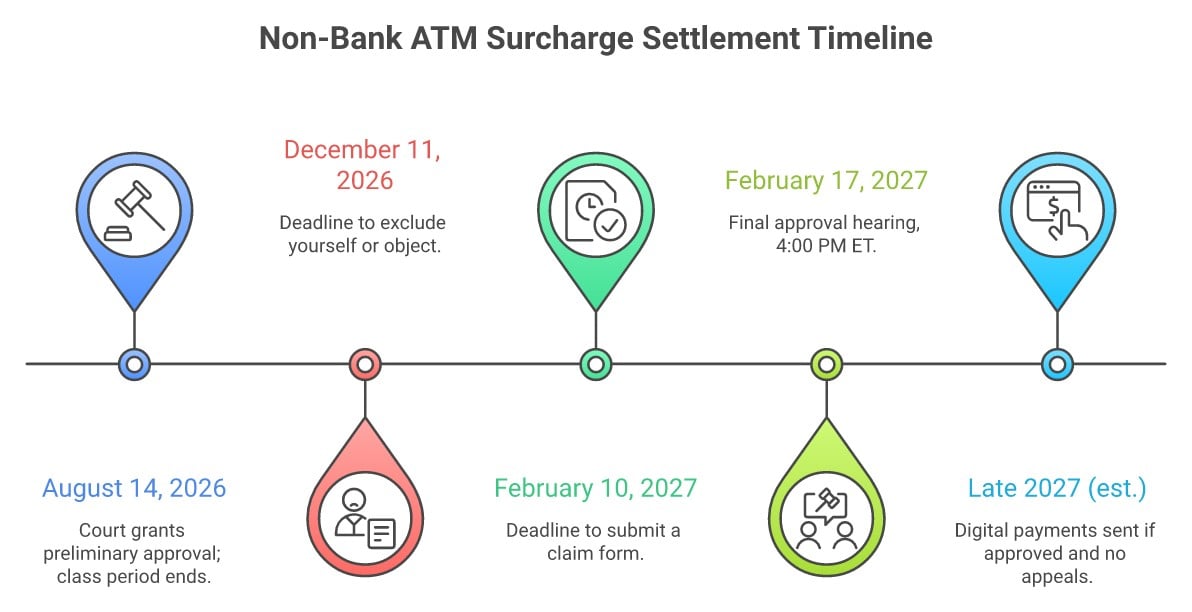 Timeline of key dates for the Non-Bank ATM Surcharge Settlement: preliminary approval August 14, 2026, exclusion/objection deadline December 11, 2026, claim deadline February 10, 2027, final approval hearing February 17, 2027, estimated payments late 2027.