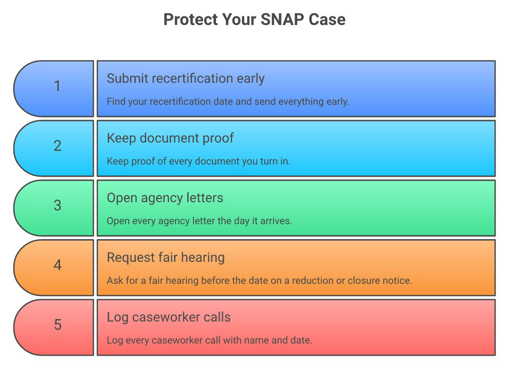 Five steps to protect your SNAP case: submit recertification early, keep proof of every document, open every agency letter the day it arrives, request a fair hearing before the date on a reduction or closure notice, and log every caseworker call with name and date