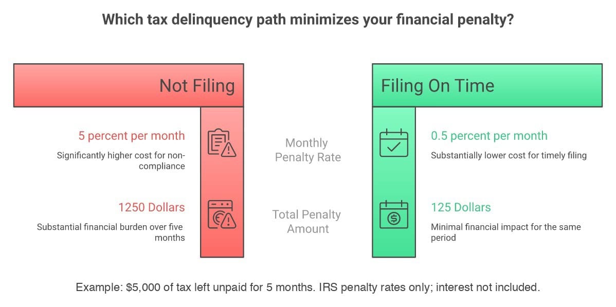 Example: penalties on a $5,000 unpaid tax bill after 5 months, about $1,250 for not filing and not paying versus about $125 for filing on time but not paying - infographic