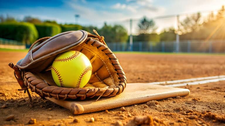 Softball and glove on home plate