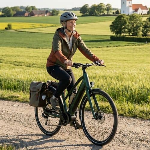 billede af en kvinde som kører elcykel i Danmark