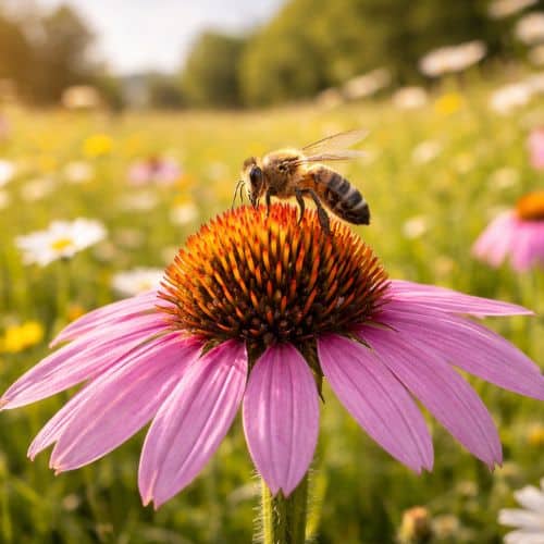 en bi som sidder på en blomst med pollen