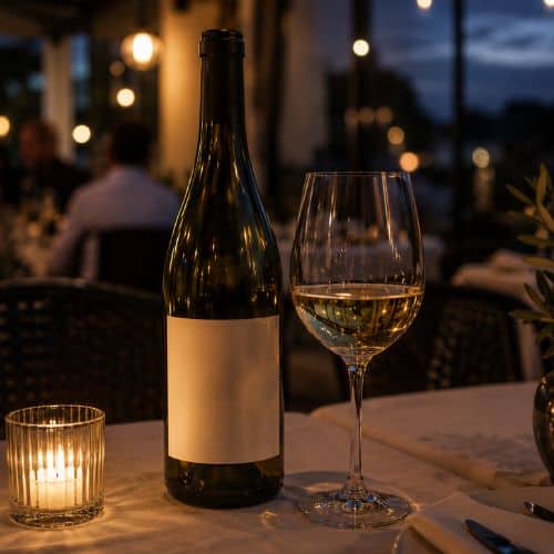 en tør hvidvin som står på et bord på en restaurant
