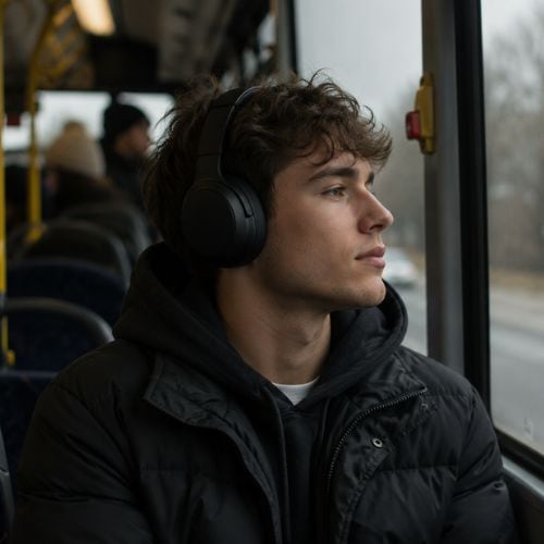 person som sidder i en bus med bluetooth headset