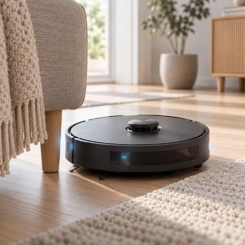 robotstøvsuger ved siden af sofaben