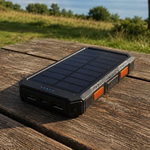 solcelle powerbank som ligger på et træbord