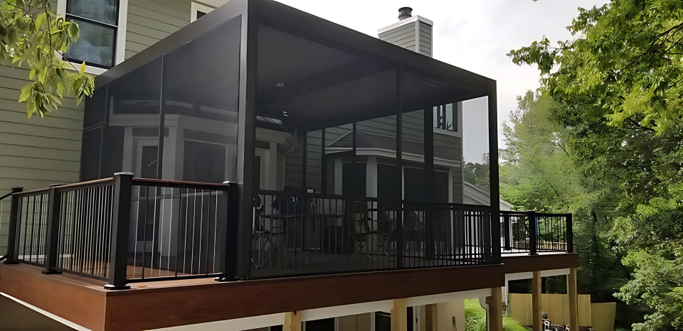 This beautiful enclosed deck has a composite roof to protect the deck from the elements.