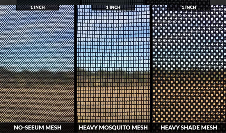 The difference in hole size from no-seeum mesh, heavy mosquito mesh, and heavy shade mesh.