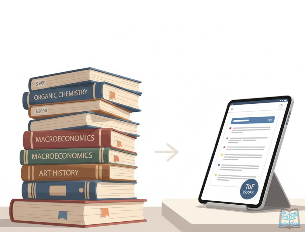 Comparison illustration showing a heavy stack of expensive hardcover college textbooks next to a slim digital tablet representing PDF textbooks