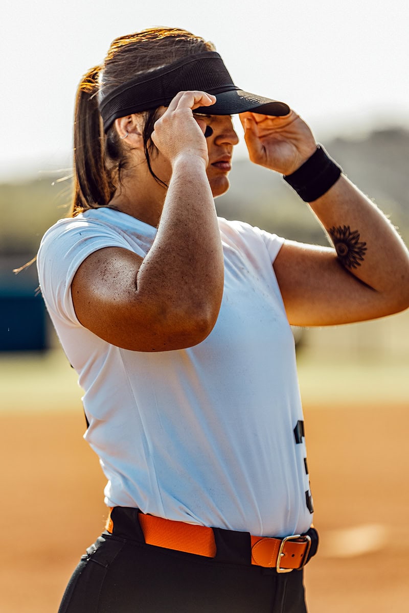 Michaela Richbourg puts on a black visor
