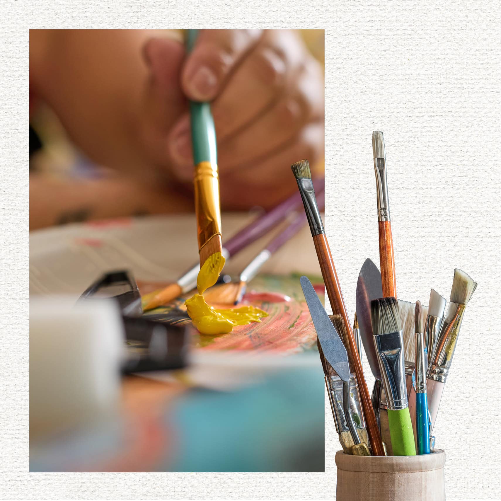 A paint brush is dipped in yellow paint. A collection of paint tools overlays the image.