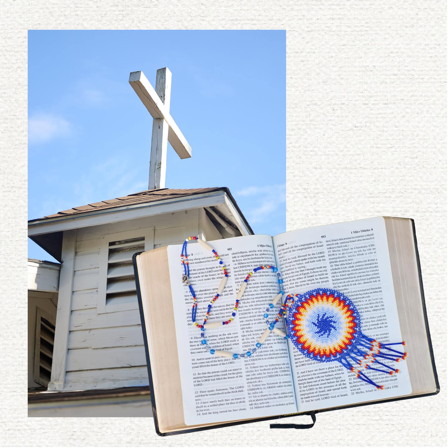An old church steeple and a Bible with a Choctaw beaded necklace