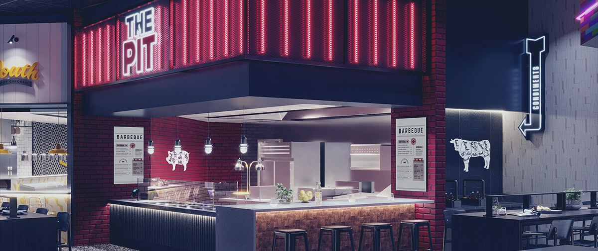 The Pit barbecue stand with red neon sign, brick facade, prep counter, hanging bulbs, and menu boards.