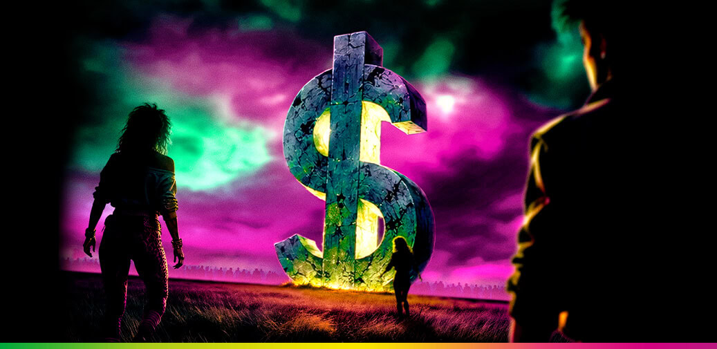 Stone dollar sign with a purple sky behind it