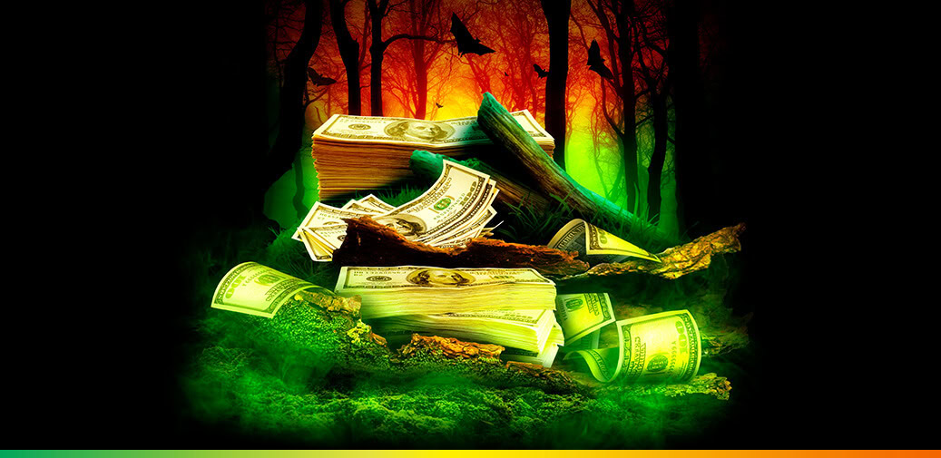 Stacks of cash scattered among fallen logs in a dark, eerie forest.