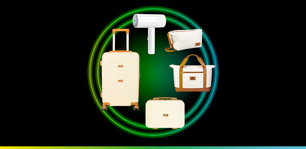Suitcase, hair dryer, tote bag, toiletries bag, carry on suitcase