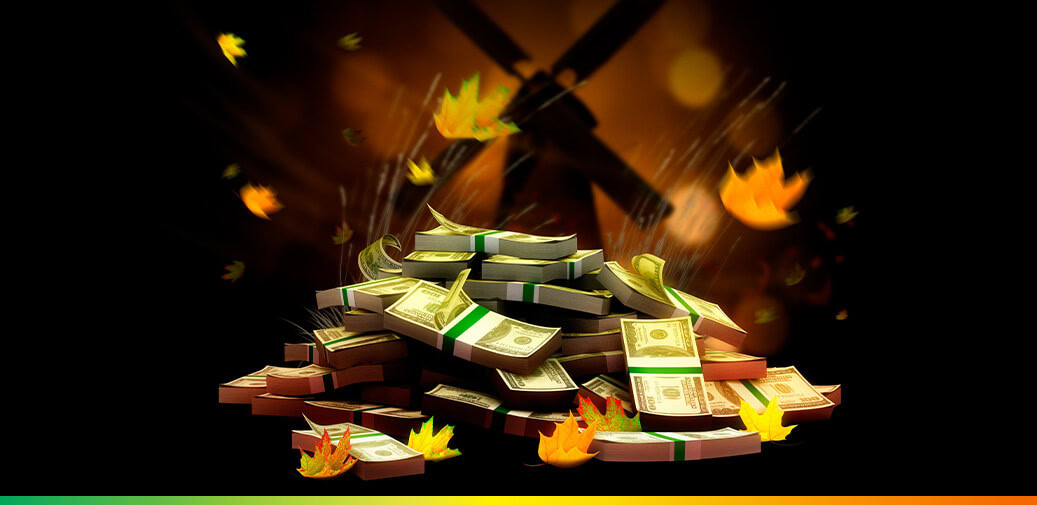 Stack of money in front of a windmill