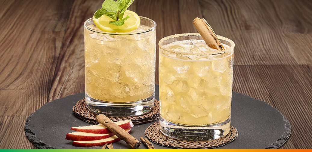 Two iced cocktails garnished with citrus, mint, and cinnamon.
