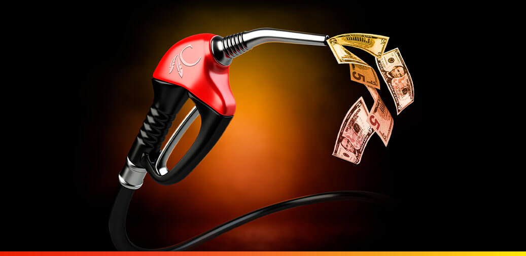 Gas pump nozzle dispensing dollar bills against a dark background.