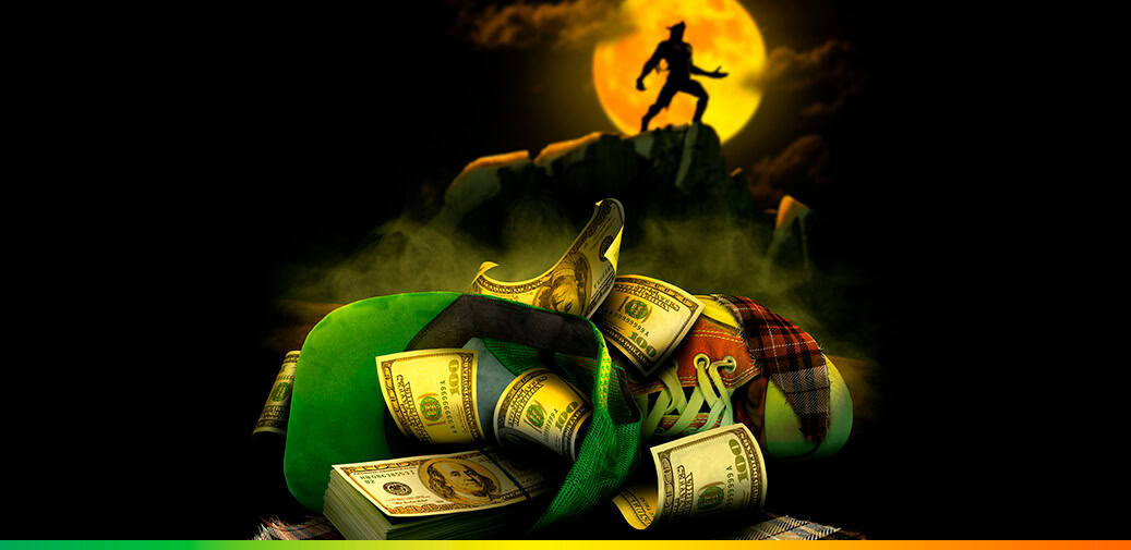Cash spilling from a bag beneath a werewolf silhouetted against a full moon.