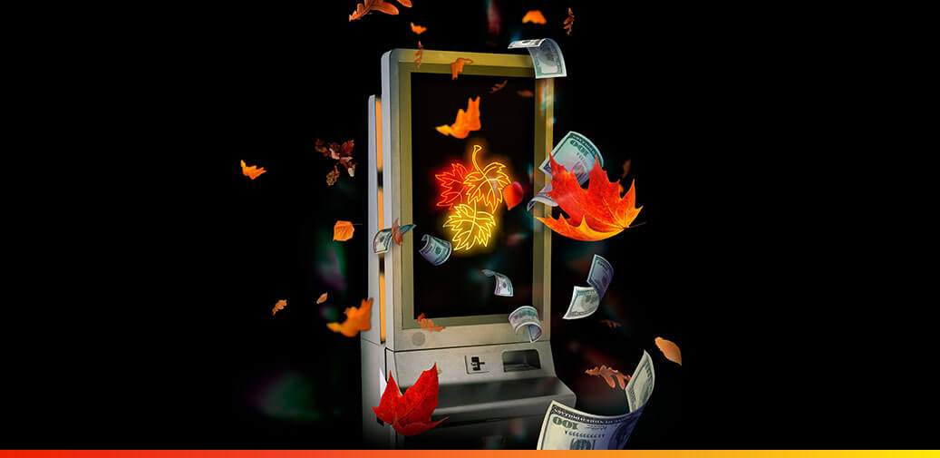 Slot machine surrounded by falling autumn leaves and dollar bills.