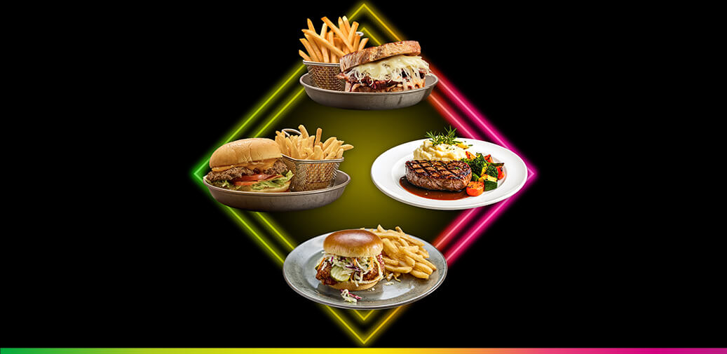 Four lunch dishes, including burgers, fries, and steak, arranged in a diamond pattern.