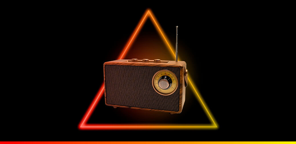 Portable radios framed by glowing triangles.