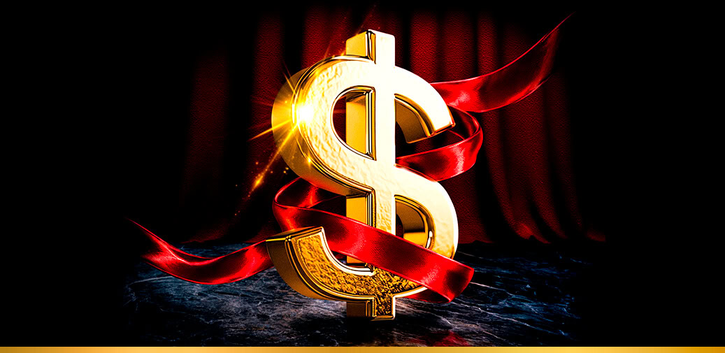 Gold dollar sign wrapped in red ribbon