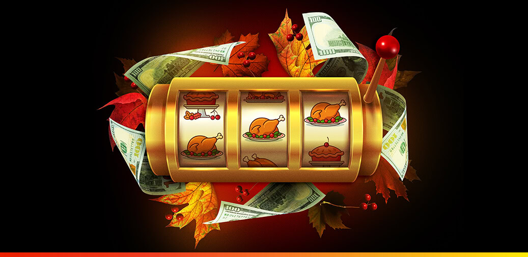 Thanksgiving slot machine with turkeys, pies, and cash.