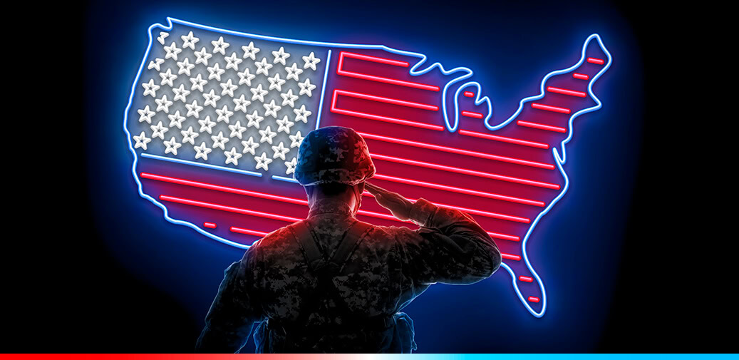 Service member saluting a U.S. flag outline.