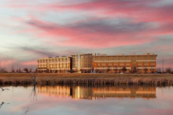 Choctaw Nation of Oklahoma Headquarters located in Durant, Oklahoma with pond reflection