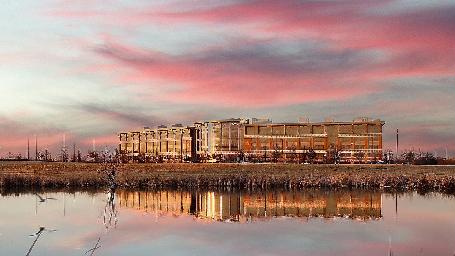 Choctaw Nation of Oklahoma Headquarters located in Durant, Oklahoma with pond reflection
