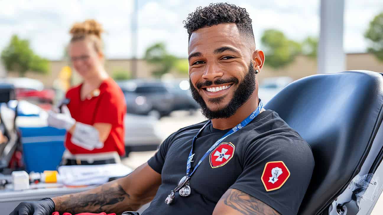 A person donating blood and smiling.