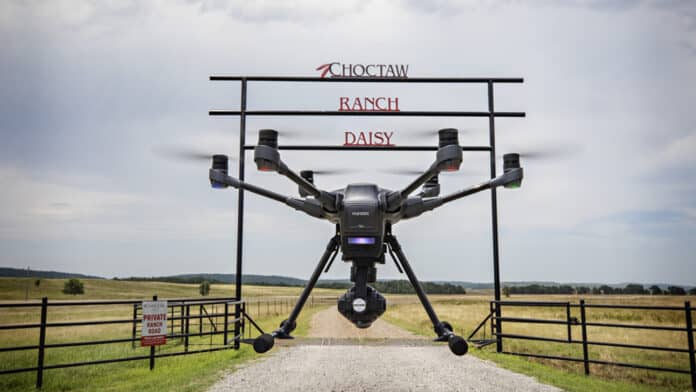 Drone flying at the front gate of Choctaw Daisy Ranch