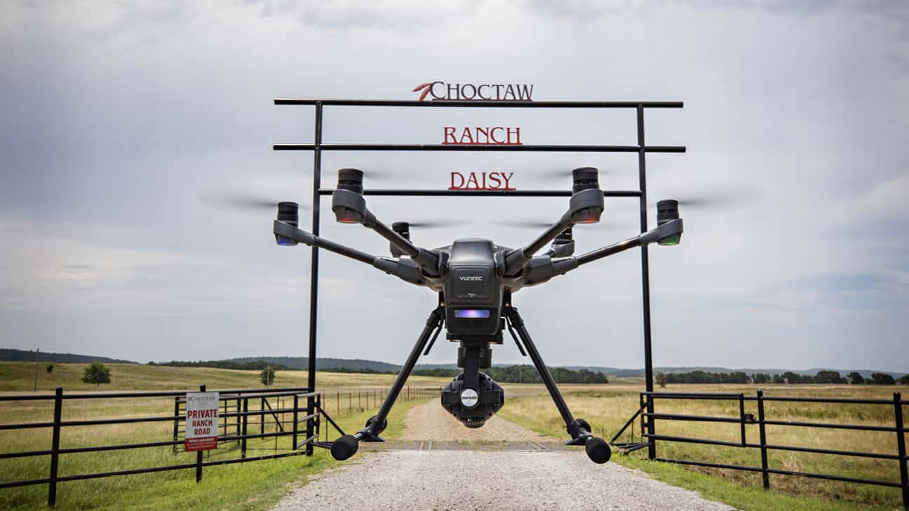 Drone flying at the front gate of Choctaw Daisy Ranch