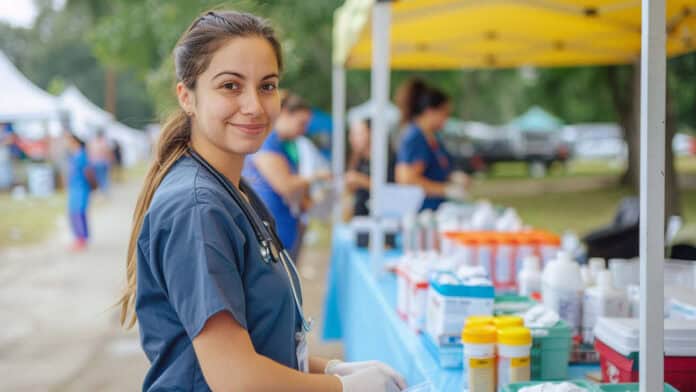 A nurse handing out items from a booth.