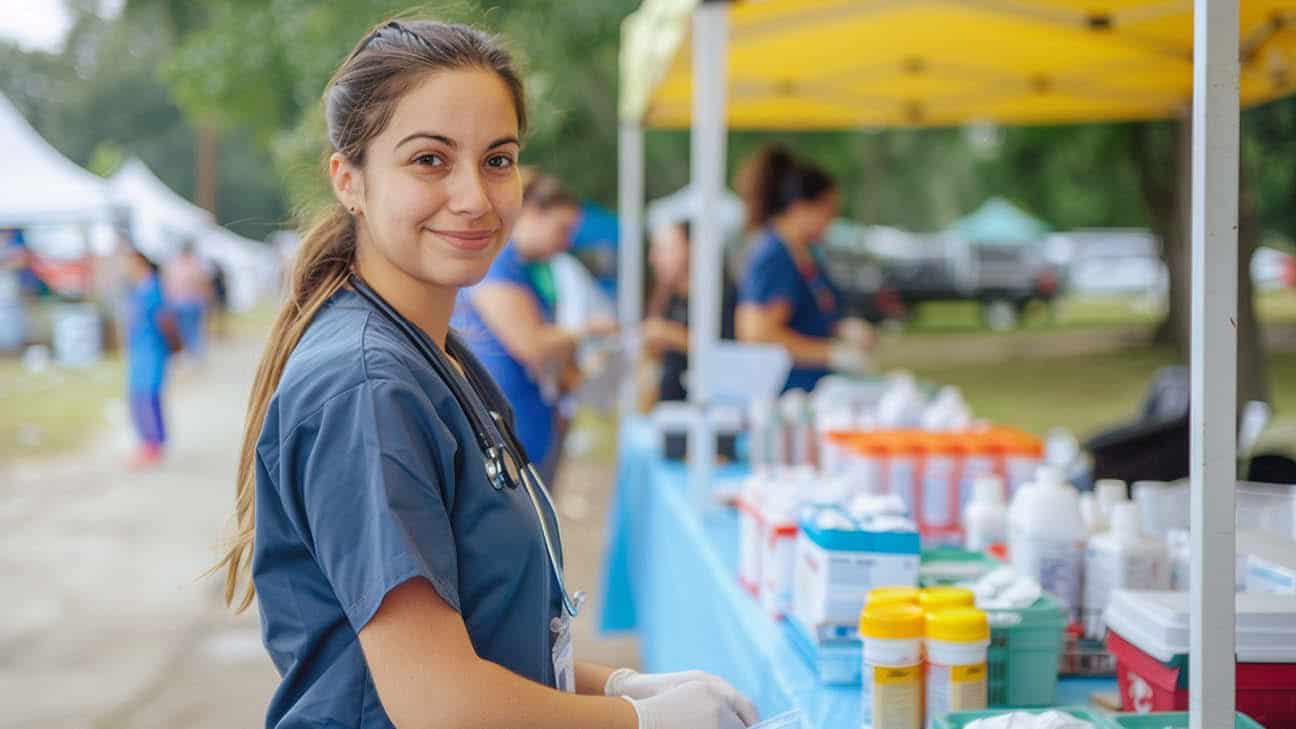 A nurse handing out items from a booth.