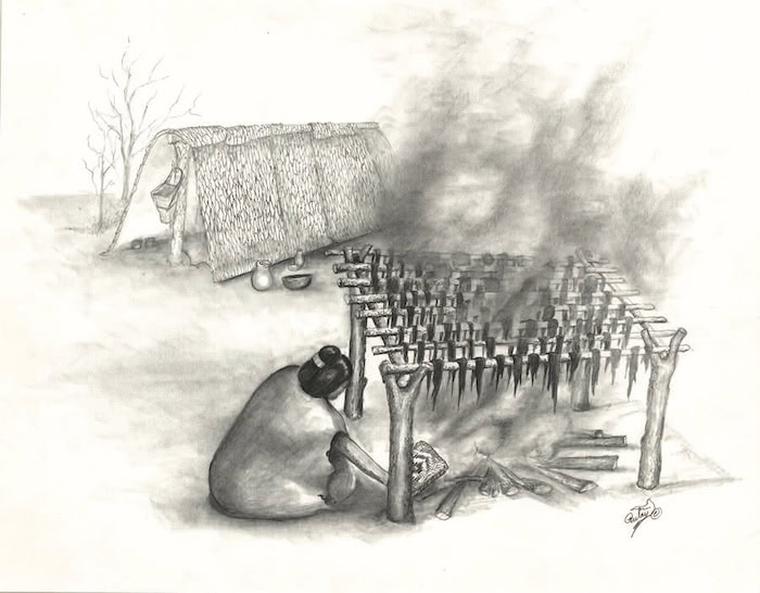 Choctaw woman by a fire illustration